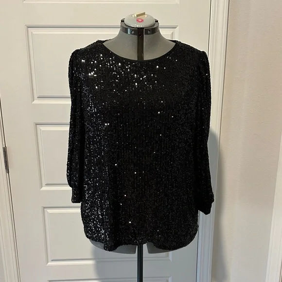 Elegant Black Sequin Blouse with three-quarter length sleeves - Picture 1 of 5